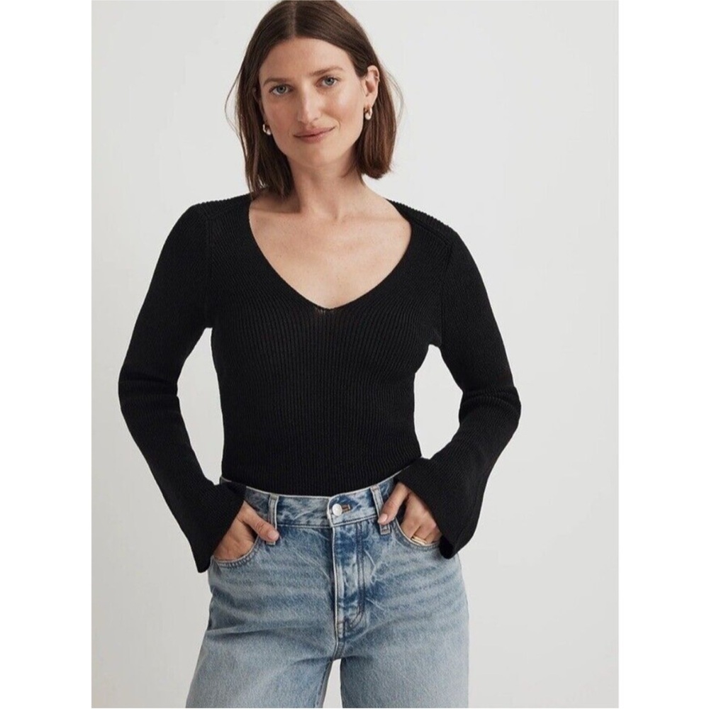 Madewell Large Flared Long Sleeve V-Neck Sweater Black Heavy Knit Pullover NWT